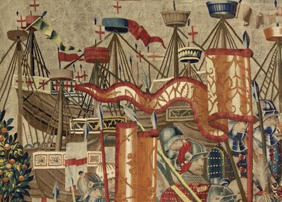 Tapisserie montrant les conquêtes du roi Alphonse V de Portugal, Tournai. Détail. - Flemish School