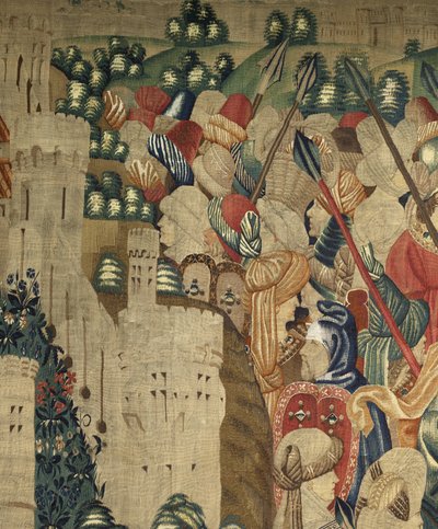 Tapisserie montrant les conquêtes du roi Alphonse V de Portugal, Tournai. Détail. - Flemish School