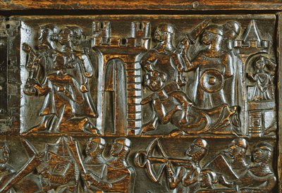 Le coffre de Courtrai représentant des fantassins flamands battant la cavalerie française (détail) - Flemish School