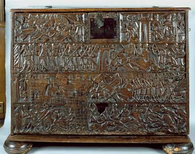 Le coffre de Courtrai représentant des scènes de la bataille des Éperons d