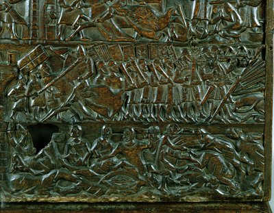 Le coffre de Courtrai représentant la ligne de bataille flamande pendant la bataille des Éperons d