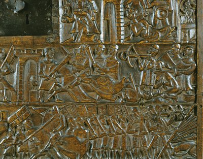 Le coffre de Courtrai représentant le soulèvement à Bruges le 18 mai, pendant la bataille des Éperons d