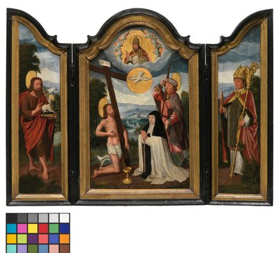 Triptyque avec la Sainte Trinité, une sœur hospitalière et un saint patron - Flemish School
