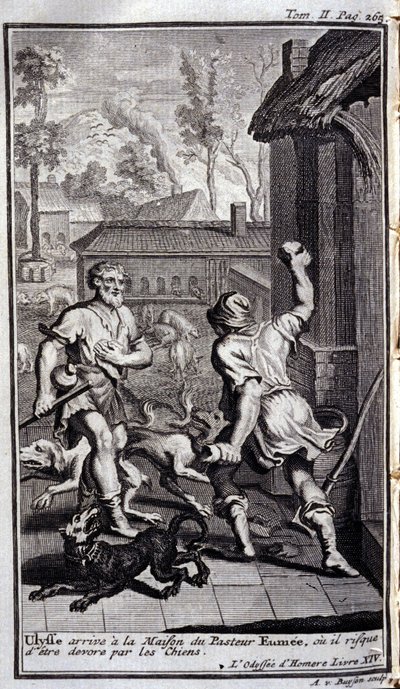 Ulysse arrive chez le pasteur Eumée, ou il peut être dévoré par des chiens. Illustration pour le livre XIV de l