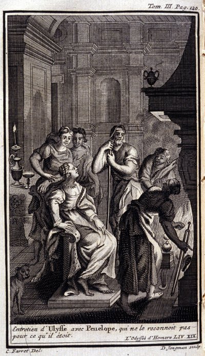 Ulysse rencontre Pénélope, qui ne le reconnaît pas. Illustration pour le livre XIX de l
