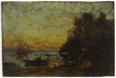 Bateau et voiliers, coucher de soleil. Au verso : Marine - Félix Ziem