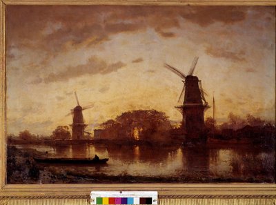 Les rives de la rivière Amstel avec des moulins aux Pays-Bas - Félix Ziem