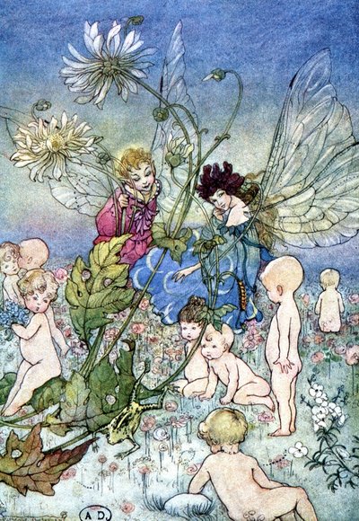 Femme-libellule (fée) et elfe entourés de bébés - dans « My Fairyland » de Fiona Malcom, ill. Florence Anderson - Florence Anderson