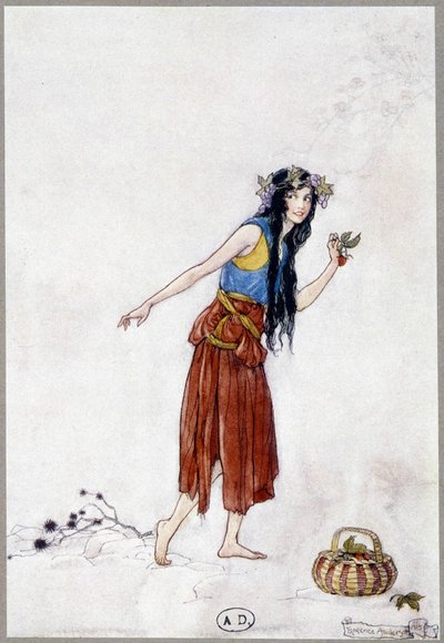 Jeune fille dans la neige avec une fraise, « Mon Pays des Fées » par Fiona Malcom, illustration de Florence Anderson - Florence Anderson
