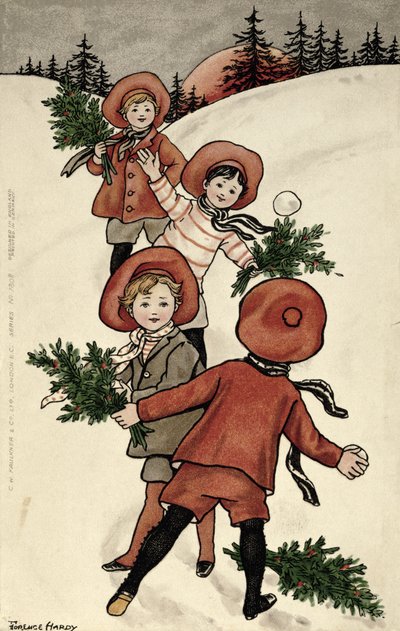 Enfants avec du houx lançant des boules de neige - Florence Hardy