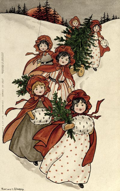 Petites filles avec du houx et le sapin de Noël - Florence Hardy