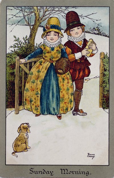 Dimanche matin, carte victorienne (lithographie en couleur) - Florence Hardy