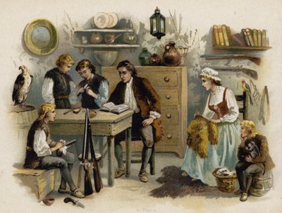Scène de La Famille suisse Robinson : Le père lisant à la famille dans le Château de Roche - Florence Maplestone