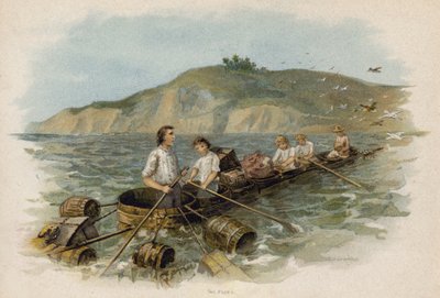 Scène de La Famille suisse Robinson : approchant la terre dans le bateau-tube - Florence Maplestone
