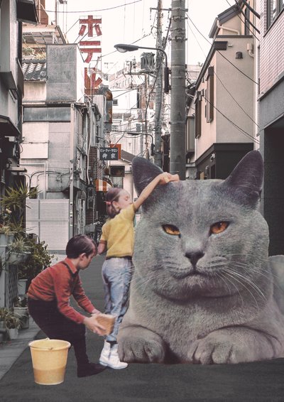 Enfants lavant un chat géant dans les rues de Tokyo - Florent Bodart