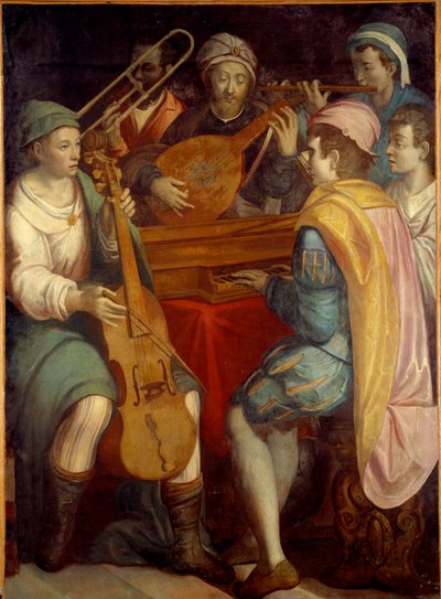 Concert de musiciens jouant du luth, épinette, trombone et viole de gambe - Florentine School