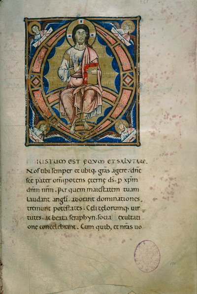 Page enluminée avec le Christ en majesté et les symboles des évangélistes (Cod. Calci, ms. 36, c. 120) - Florentine School