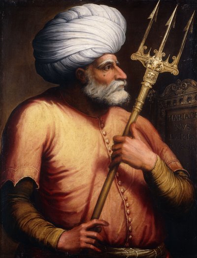 Portrait de Khair el-Din Barberousse, mi-longueur, tenant un Trident - Florentine School