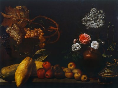 Nature morte avec cruche en cuivre, roses, raisins, fleurs de sureau, agrumes et pommes - Florentine School