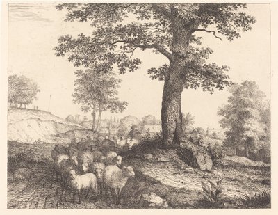 Berger et troupeau sous un arbre ancien - Florian Grospietsch