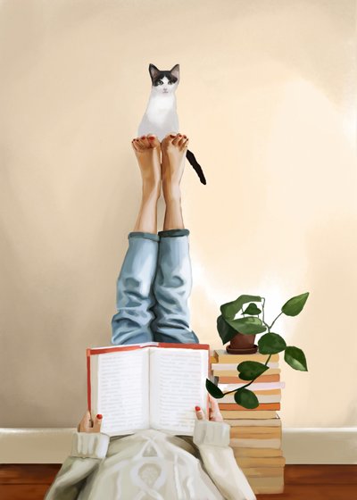 Un chat bien au chaud en train de lire - Flow Line