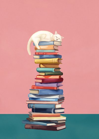 Un chat bien au chaud sur des livres colorés - Flow Line