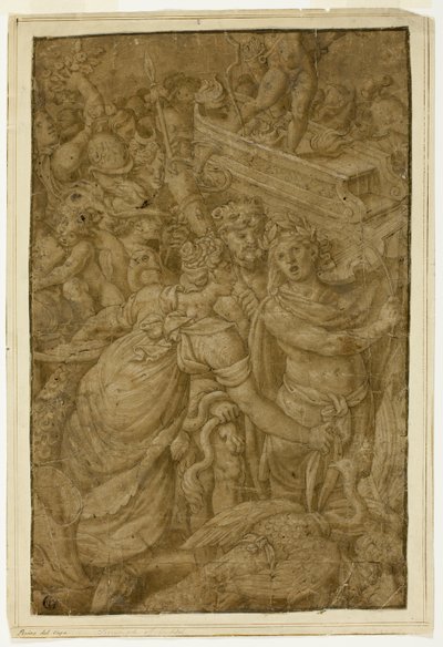 Cupidon dans un char triomphal, accompagné de dieux et déesses - Follower of Giulio Romano