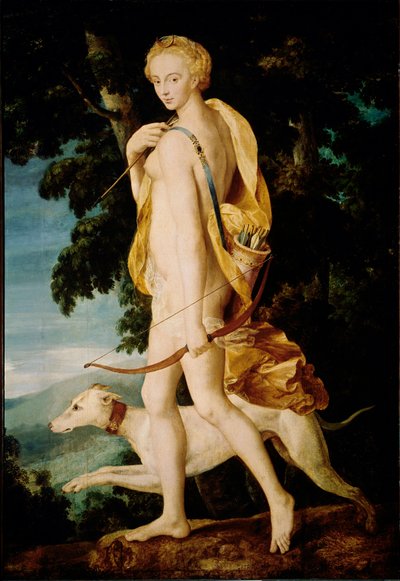 La déesse avec un arc est accompagnée d