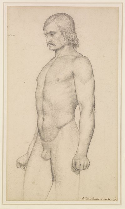 Nu masculin - Étude académique, nu de trois-quarts, avec moustache et poings serrés - Ford Madox Brown