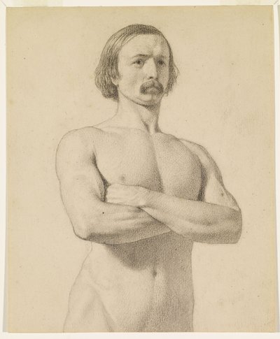 Nu masculin - Étude académique de nu, en demi-longueur avec moustache et bras croisés - Ford Madox Brown