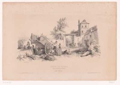 Ferme avec puits, charrette de foin et diverses figures (Cours de dessin. Paysages, figures, animaux, accessoires, par Férogi) - Fortuné Ferogio