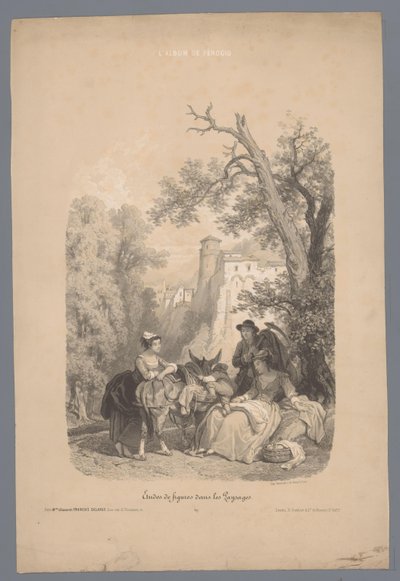Groupe avec un âne devant un village de montagne italien (Études de figures dans un paysage) - Fortuné Ferogio