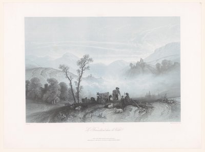 Bergers avec vaches et moutons dans une vallée brumeuse - Fortuné Ferogio