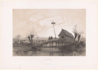 Paysage marécageux avec vaches et figures près d