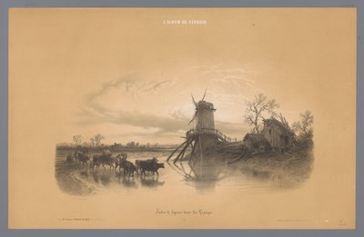 Moulin avec des gens et des animaux traversant l