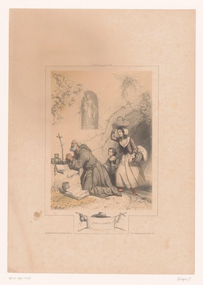 Femme et enfant visitant un ermite (Série: Motifs pour aquarelle) - Fortuné Ferogio