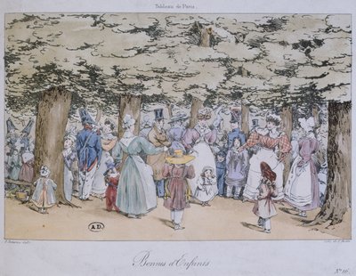 Enfants et nourrices dans le parc, de la série Tableau de Paris, gravé par C. Motte, 1827 - Fortune Delarue
