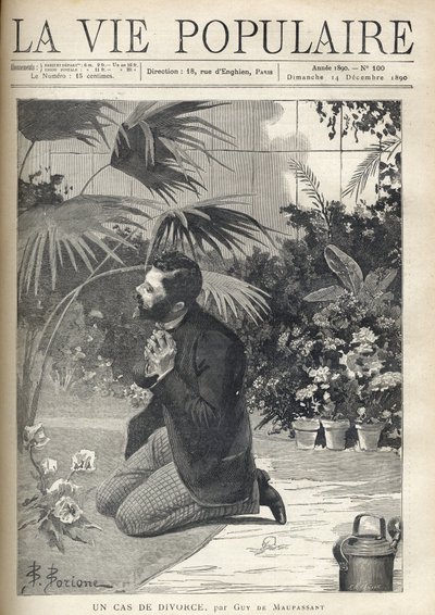 Un homme désespéré prie à genoux dans une serre. Illustration par F. Meaulle d