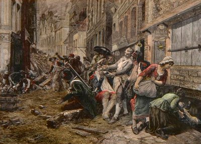Un épisode du siège de Lille, octobre 1792 - Siège de Lille en 1792 : la perruque Maes utilisant un obus comme plat à barbe pour raser un client - gravure de Meaulle d