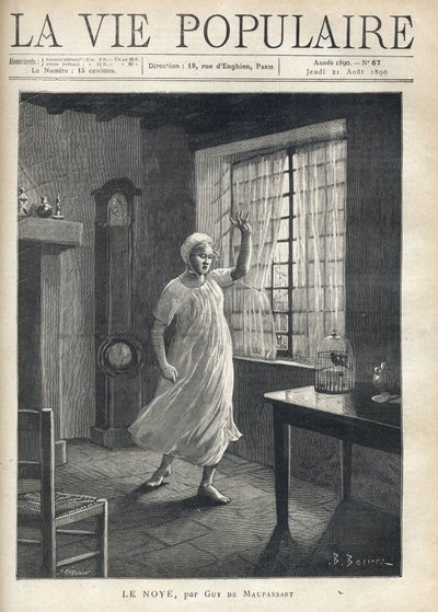 Une femme en chemise et bonnet de nuit, avec un visage plein de peur, des yeux tristes et une main levée, se tient debout pieds nus devant la fenêtre de sa maison, à travers laquelle on voit les mâts des bateaux. À l