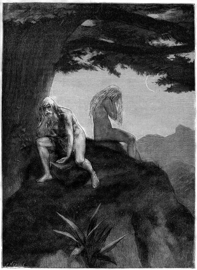 Adam et Ève. Dessin gravé par Meaulle, illustrant le poème de Victor Hugo « Les misheureux », dans la collection « Les contemplations », édition Paul Ollendorff, début du XXe siècle. - Fortune Louis Meaulle