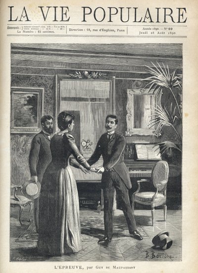 Dans un salon bourgeois, un homme se précipite vers la maîtresse de maison et lui saisit les mains, laissant tomber son chapeau par terre, sous le regard étonné d