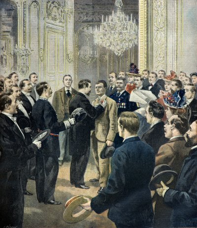 Louis Barthou décore le cocher Georges, sauveteur du bazar de la charité ,1897 (Gravure) - Fortune Louis Meaulle