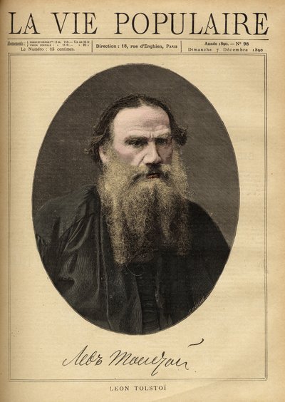 Portrait de Léon Tolstoï (1828-1910), écrivain russe. Illustration par F. Meaulle. Gravure de 1890 dans « La vie populaire ». Collection privée - Fortune Louis Meaulle