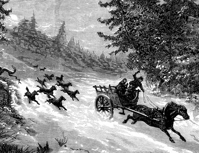 La peur du loup : Une meute de loups poursuit une charrette transportant trois personnes, tirée par un cheval fuyant dans la neige, dans une forêt des Ardennes - gravure de Meaulle dans "L
