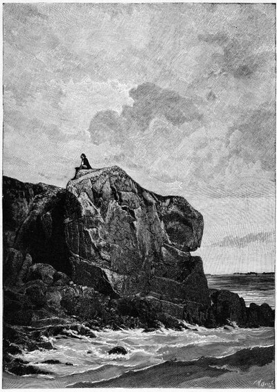Victor Hugo en exil à Jersey en 1855, sur le Rocher des Proscrits. Gravure de Louis Fortuné Meaulle (1844-1901), dont Hugo disait : « Je pense, il grave ». - Fortune Louis Meaulle