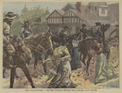 Jeunes filles jetant des fleurs aux troupes boers victorieuses en Afrique du Sud - Fortune Louis Meaulle