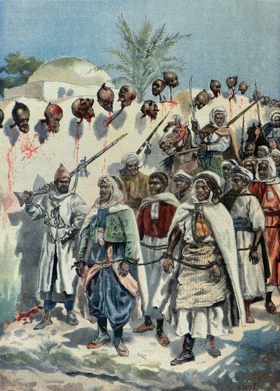 Des insurgés marocains emprisonnés passent devant les têtes coupées de leurs camarades en 1897 (Gravure) - Fortune Louis Meaulle