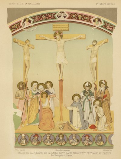 La Crucifixion de Jésus-Christ, fresque dans le couvent de San Marco, Florence (chromolithographie) - Fra (after) Angelico