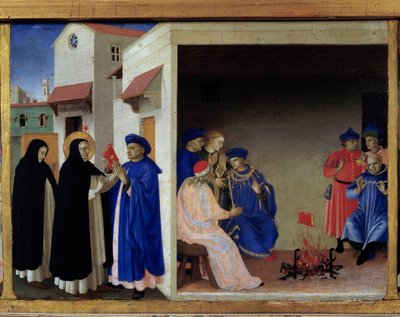 Prédelle du couronnement de la Vierge : le miracle du livre envoyé aux Albigeois. Saint Dominique réfute l